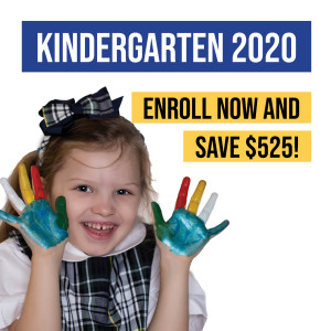 Kindergartener with hands up - $525 enrollment discount for kindergarteners